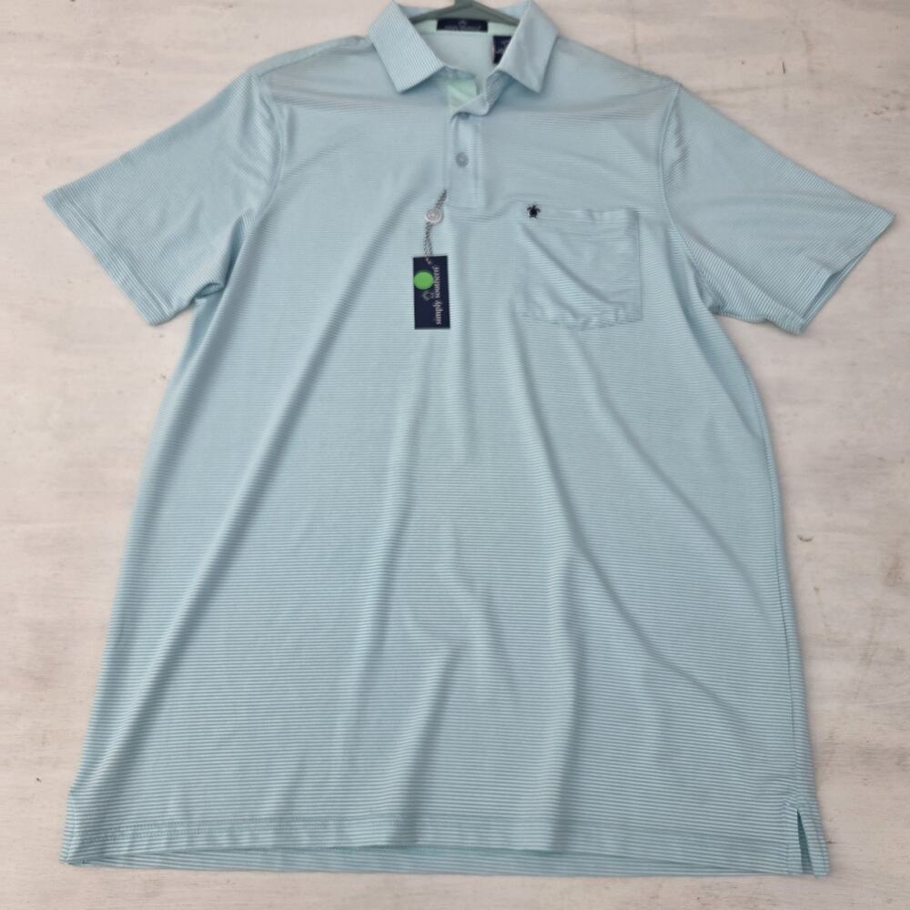 Simply Southern Polo Shirt Mens M Light Blue Stripe Short Sleeve Golf EUC